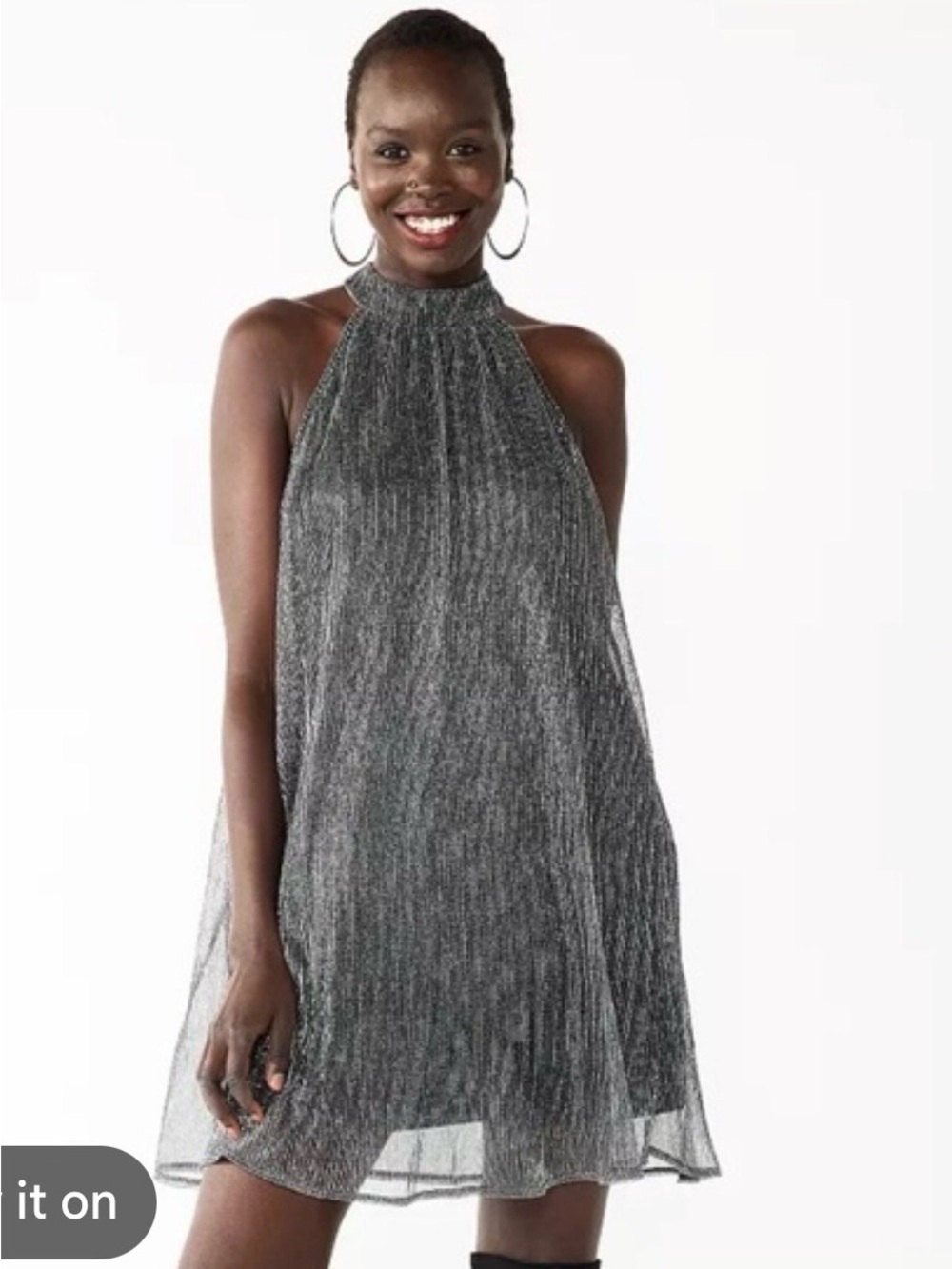 Nine West Mock Neck Metallic Mini Swing Dress Black Silver SZ. L